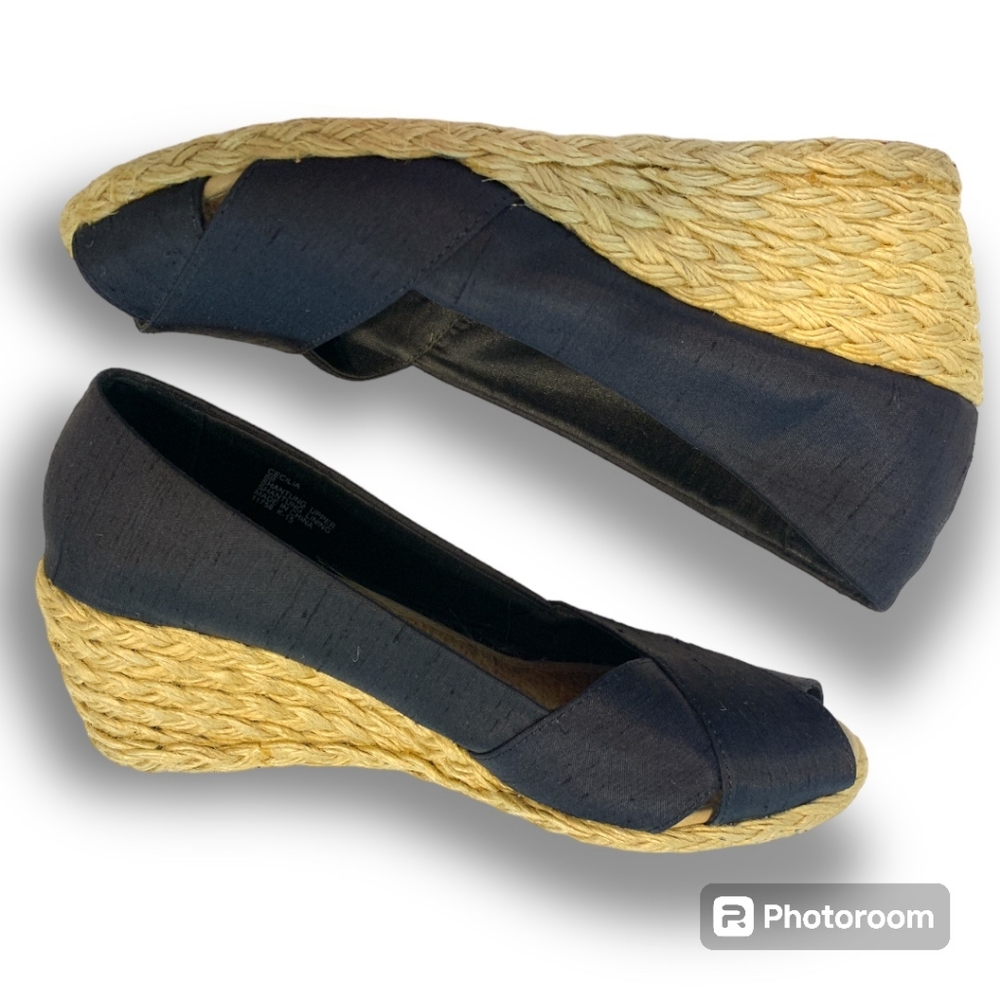 Ralph Lauren Black Canvas Espadrille Wedge Sandals with Natural Raffia Heel